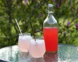 En flaska och två glas med rosa rabarbersaft står på ett glasbord utomhus. Perfekt för ett enkelt rabarbersaft recept.