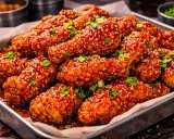 Krispiga kycklingvingar med en söt och kryddig glaze, toppade med sesamfrön och salladslök. Ett perfekt recept på korean fried chicken!