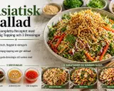En stor skål med en färgstark asiatisk sallad toppad med krispiga ingredienser. Tre små skålar med dressingar syns bredvid.