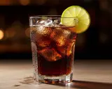 En svalkande cuba libre drink med is och en limeklyfta, perfekt för en varm kväll.