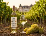 En flaska och ett glas vitt vin, druvor och en vingård. Sauvignon blanc passar till fisk och skaldjur.