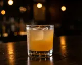 En kyld, gyllene drink med is på en mörk bardisk. En perfekt spicy margarita för en kväll ute.