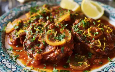 En tallrik med mustig osso buco, garnerad med citron och persilja.