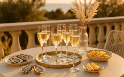 Ett perfekt tillfälle för ostron till champagne. Glas med bubblande dryck, färska ostron och citronklyftor på ett solbelyst bord.