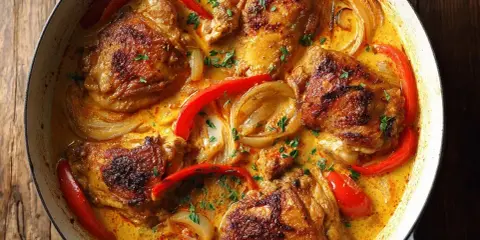 En krämig gryta med kycklinglårfilé, paprika och lök. Ett perfekt kycklinglårfile recept för en smakrik middag.