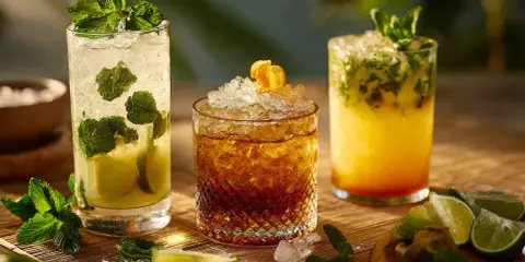 Tre uppfriskande drinkar med rom och lime, garnerade med mynta och krossad is. Perfekt för en solig dag.