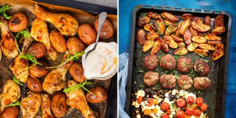 Två ugnsplåtar med mat för en härlig fredagsmiddag i ugn: kycklingklubbor med potatis och köttbullar med rostade grönsaker och fetaost.