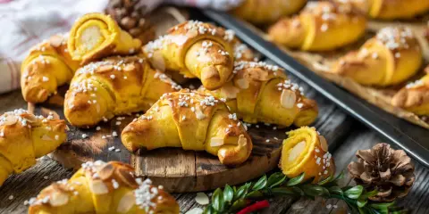 Fredriks fika: gyllene saffransbullar med mandelmassa, toppade med pärlsocker och mandelflagor. En härlig juldoft sprider sig.