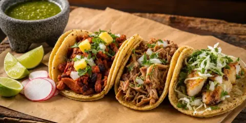 Tre läckra tacos med olika fyllningar, en skål med grön sås och limeklyftor. En härlig måltid med mexikansk mat.