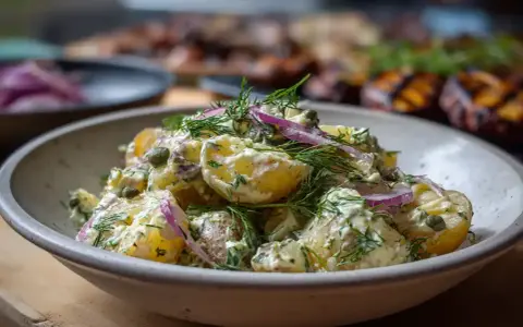 Krämig potatissallad med dill och rödlök, perfekt som tillbehör till grillat.