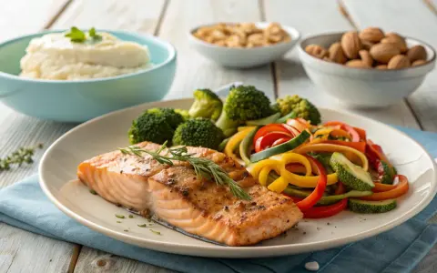 Laxfilé med ugnsrostade grönsaker och potatismos. Ett hälsosamt recept för diabetes mat.