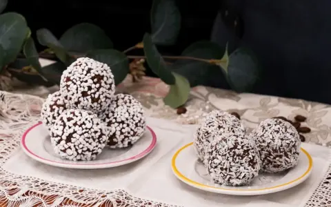 Fredriks fika: de godaste chokladbollar, rullade i kokos och pärlsocker, serverade på små fat med en grönskande bakgrund.