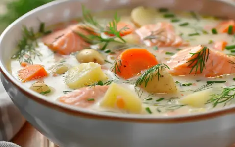 En krämig potatis och morotssoppa med laxbitar och dill. En värmande och god rätt.