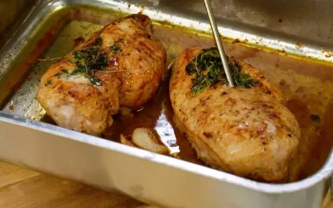 Två saftiga kycklingbröst i en ugnsform, kryddade med örter och vitlök. Perfekt mat med kyckling för en härlig middag.