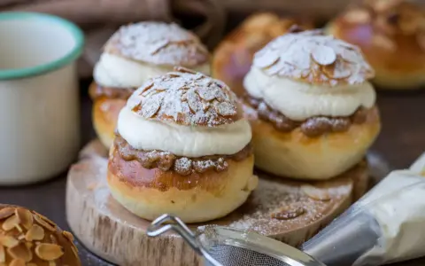 Fredriks fika med semlor recept: fluffiga bullar fyllda med mandelmassa och grädde, pudrade med florsocker och mandelspån.