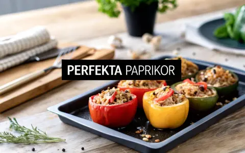 Fyllda paprikor på en plåt, redo att bakas. En härlig måltid med smak av sommar.