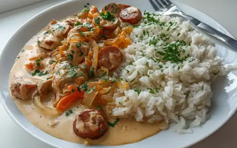 En krämig korv stroganoff med skivad korv, lök och paprika, serverad med fluffigt ris och strödd persilja. En klassisk svensk rätt.