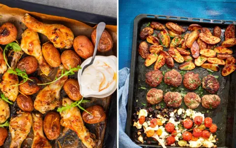 Två ugnsplåtar med mat för en härlig fredagsmiddag i ugn: kycklingklubbor med potatis och köttbullar med rostade grönsaker och fetaost.