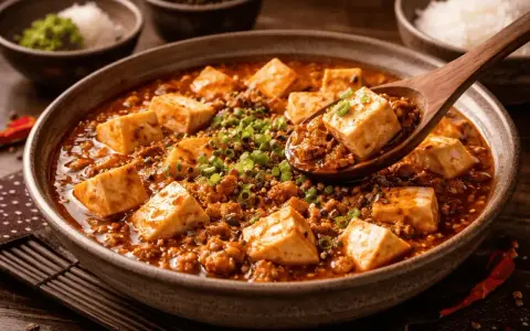 En skål med mapo tofu, en kryddig sichuansk rätt med tofu och köttfärs, garnerad med salladslök. En träsked lyfter upp en bit tofu.