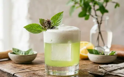 En uppfriskande thai basil drink med skummig topp, garnerad med färska basilika. En perfekt sommardrink.