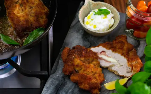 Krispig schnitzel med ost och skinka, serverad med en krämig sås till schnitzel, citron och körsbärstomater.