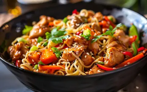 En läcker kyckling wok med nudlar, grönsaker och sesamfrön i en svart skål.