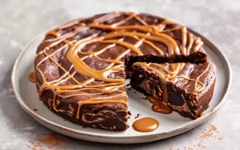 En saftig kladdkaka med ett härligt mönster, toppad med en generös glasyr av dulce de leche.