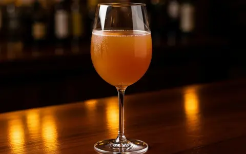 Ett glas med en gyllene, bubblig dryck. Perfekt för ett somrigt sangria recept.