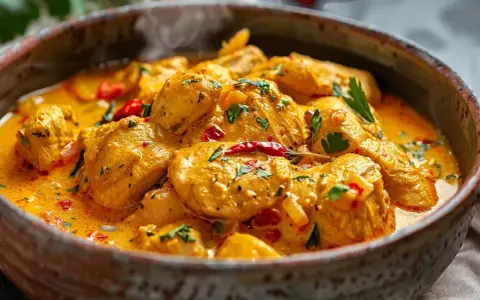 En krämig kyckling curry med bitar av kyckling i en gyllene sås, toppad med färsk persilja och chili.