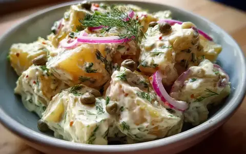 Krämig potatissallad med dill, kapris och rödlök. Perfekt som tillbehör gott till grillat.