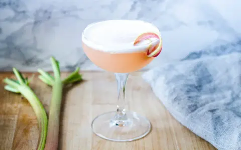 En rosa drink med rabarbersirap och gin, garnerad med en rabarberskiva. Bredvid syns färska rabarberstjälkar.