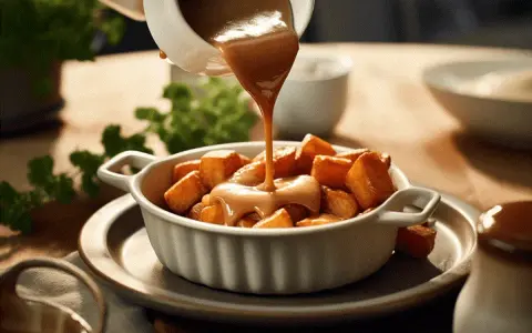 Brunsås hälls över potatisbitar i en vit skål. Ett perfekt brunsås recept för en god middag.