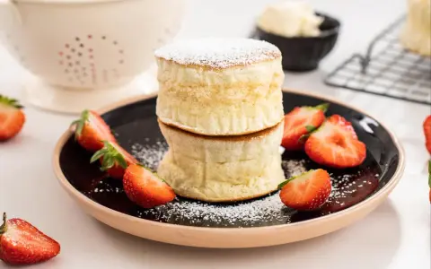 Två fluffiga japanska pannkakor staplade på en svart tallrik, garnerade med florsocker och färska jordgubbar.