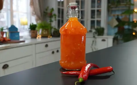 En flaska med hemgjord sweet chili sås står på en mörk bänk, med två röda chilifrukter bredvid.