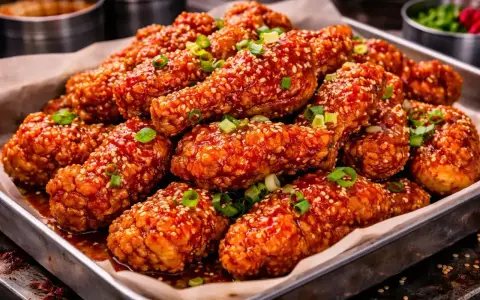 Krispiga kycklingvingar med en söt och kryddig glaze, toppade med sesamfrön och salladslök. Ett perfekt recept på korean fried chicken!