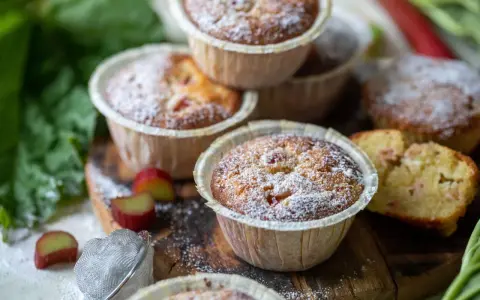Fredriks fika: fluffiga rabarbermuffins pudrade med florsocker, med färsk rabarber och gröna blad i bakgrunden.