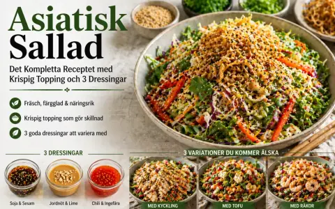 En stor skål med en färgstark asiatisk sallad toppad med krispiga ingredienser. Tre små skålar med dressingar syns bredvid.