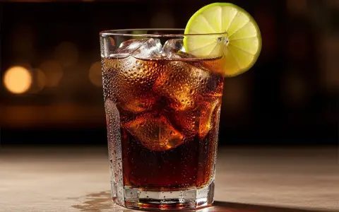 En svalkande cuba libre drink med is och en limeklyfta, perfekt för en varm kväll.