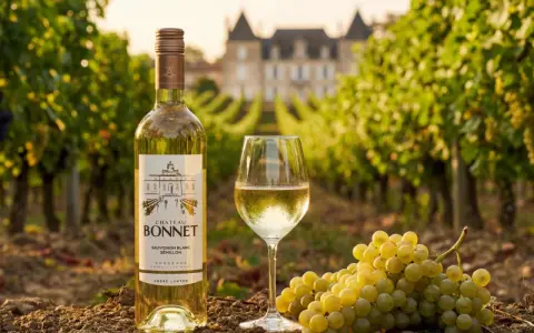 En flaska och ett glas vitt vin, druvor och en vingård. Sauvignon blanc passar till fisk och skaldjur.