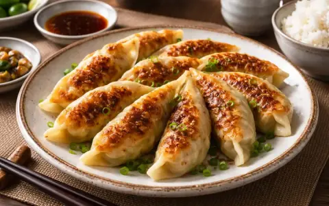 Gyldene, stekpanne-stekte dumplings, pyntet med vårløk. Perfekt for et enkelt dumplings recept. Serveres med dipp og ris.