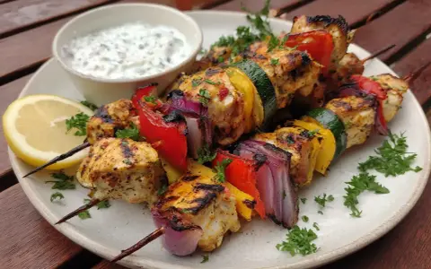 Grillspett med kyckling, paprika, lök och zucchini. Serveras med en yoghurtsås och citronklyfta. Ett perfekt grillspett recept för sommaren.