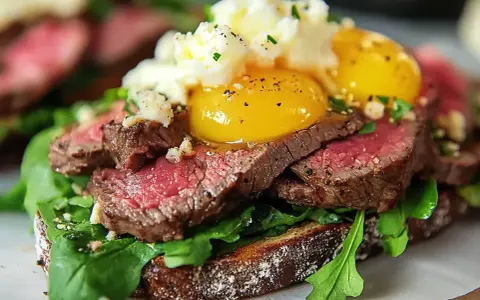 En lyxig bookmaker toast med mört biff, rucola, äggulor och ost. En perfekt start på dagen!