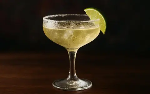 En kyld margarita med saltkant och limeklyfta. Perfekt för ett enkelt margarita recept.