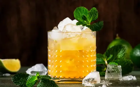 Enkla drinkar med rom, is och mynta. En uppfriskande drink med lime i bakgrunden.