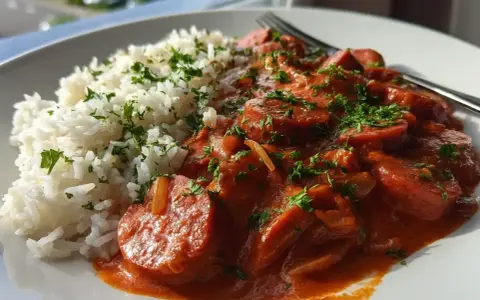 En tallrik med fluffigt ris och en krämig korv stroganoff, toppad med persilja. Perfekt för en god middag!