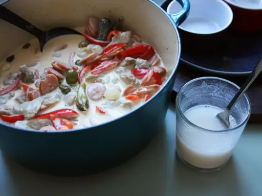En krämig kreolsk gryta med korv, paprika, oliver och pickles i en blå gryta. En skål med mjölk står bredvid.