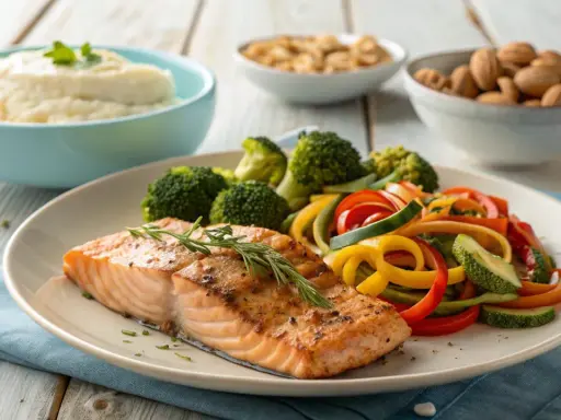 Laxfilé med ugnsrostade grönsaker och potatismos. Ett hälsosamt recept för diabetes mat.