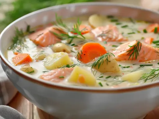 En krämig potatis och morotssoppa med laxbitar och dill. En värmande och god rätt.