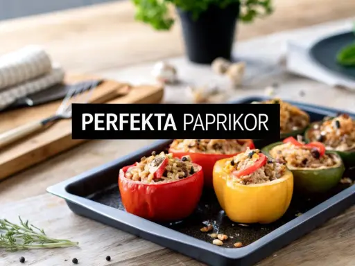 Fyllda paprikor på en plåt, redo att bakas. En härlig måltid med smak av sommar.