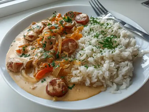 En krämig korv stroganoff med skivad korv, lök och paprika, serverad med fluffigt ris och strödd persilja. En klassisk svensk rätt.